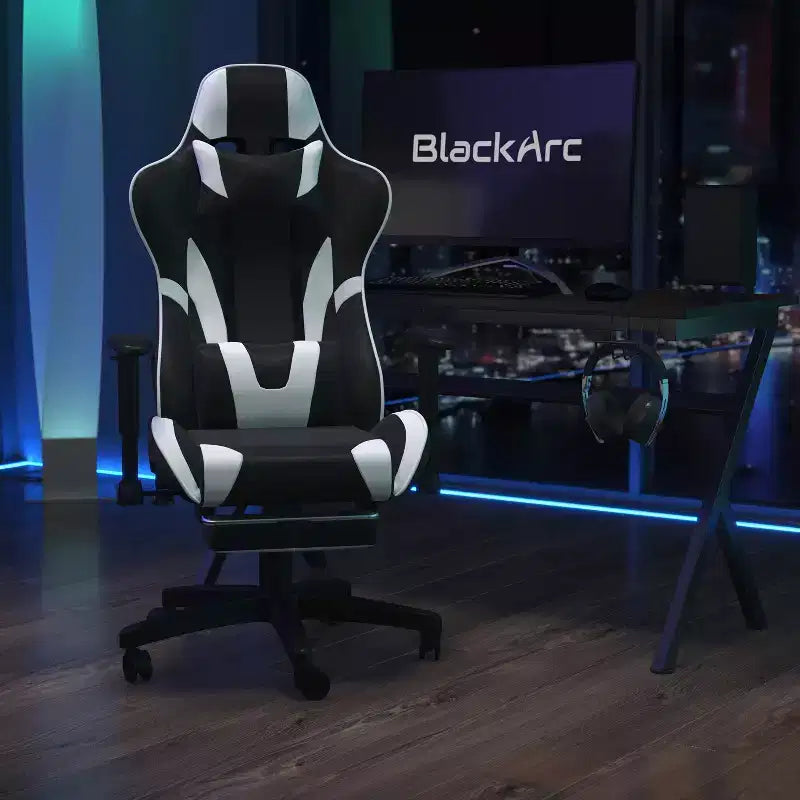Sillón reclinable gamer de piel sintética BlackArc - Brazos pivotantes ajustables en altura, reposapiés extraíble, cojines para la cabeza y lumbares
