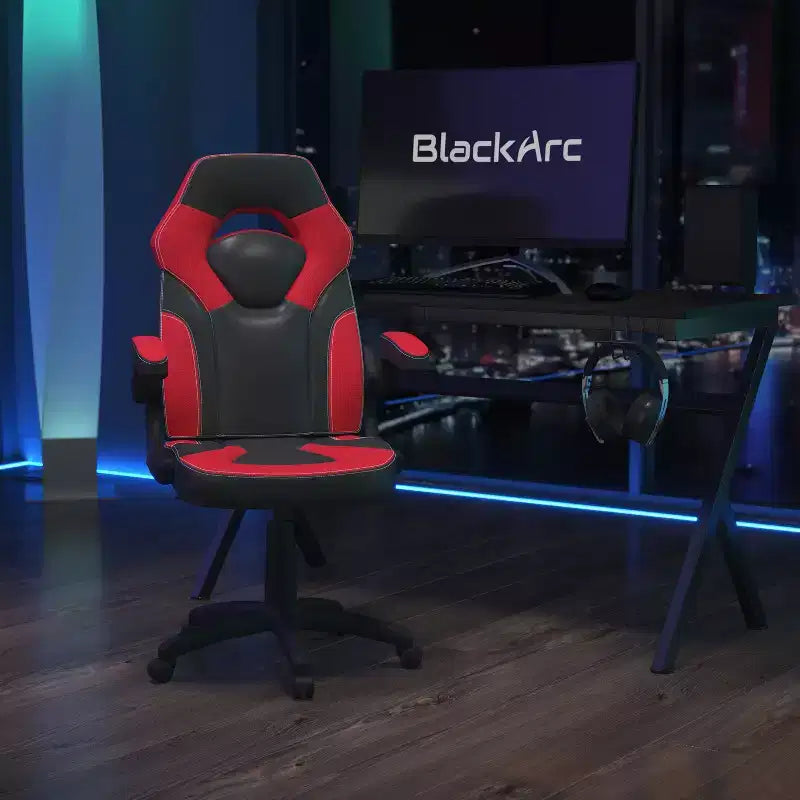 Sillón de oficina BlackArc Gaming con respaldo alto, tapicería de piel sintética, asiento giratorio de altura regulable y reposabrazos acolchados abatibles