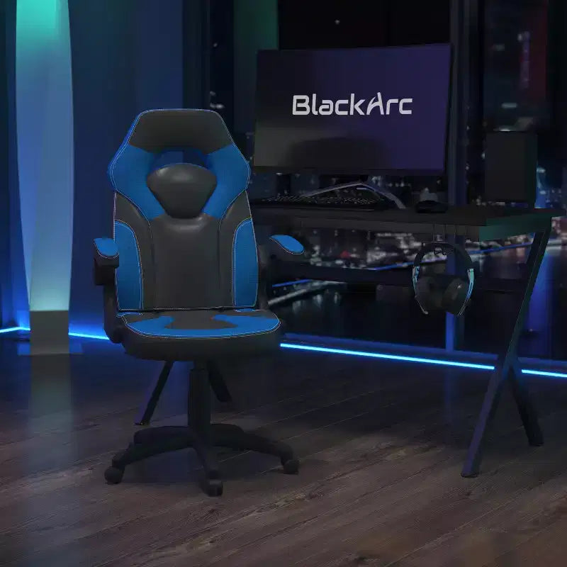 Sillón de oficina BlackArc Gaming con respaldo alto, tapicería de piel sintética, asiento giratorio de altura regulable y reposabrazos acolchados abatibles