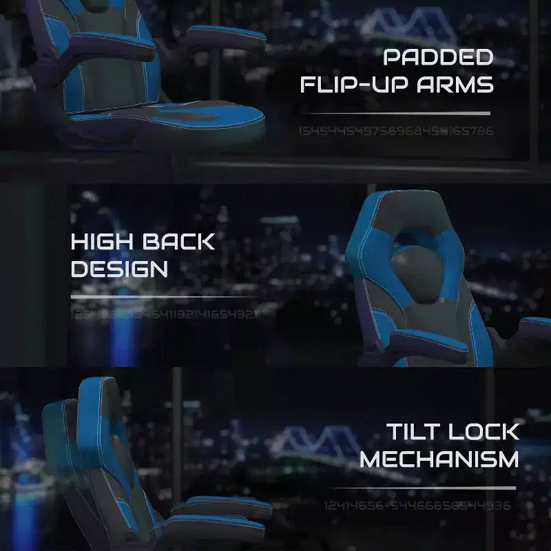 Sillón de oficina BlackArc Gaming con respaldo alto, tapicería de piel sintética, asiento giratorio de altura regulable y reposabrazos acolchados abatibles