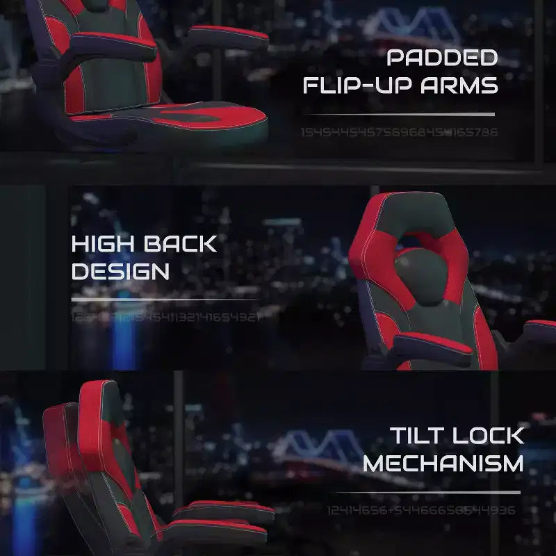 Sillón de oficina BlackArc Gaming con respaldo alto, tapicería de piel sintética, asiento giratorio de altura regulable y reposabrazos acolchados abatibles