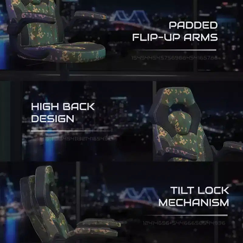 Sillón de oficina BlackArc Gaming con respaldo alto, tapicería de piel sintética, asiento giratorio de altura regulable y reposabrazos acolchados abatibles