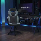 Sillón de oficina BlackArc Gaming con respaldo alto, tapicería de piel sintética, asiento giratorio de altura regulable y reposabrazos acolchados abatibles