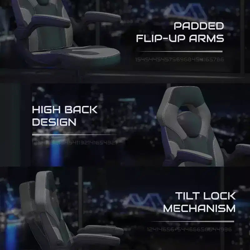 Sillón de oficina BlackArc Gaming con respaldo alto, tapicería de piel sintética, asiento giratorio de altura regulable y reposabrazos acolchados abatibles