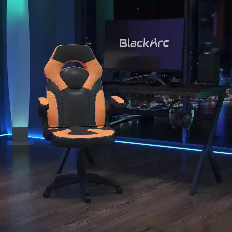 Sillón de oficina BlackArc Gaming con respaldo alto, tapicería de piel sintética, asiento giratorio de altura regulable y reposabrazos acolchados abatibles