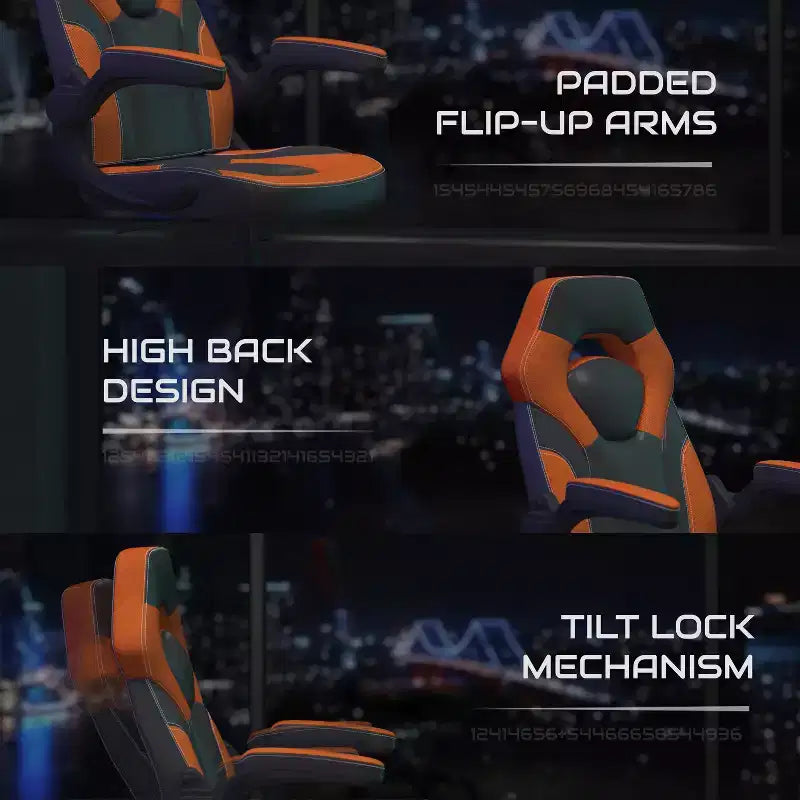 Sillón de oficina BlackArc Gaming con respaldo alto, tapicería de piel sintética, asiento giratorio de altura regulable y reposabrazos acolchados abatibles
