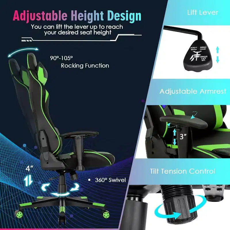 Silla gaming Costway ajustable giratoria de ordenador con luces LED dinámicas