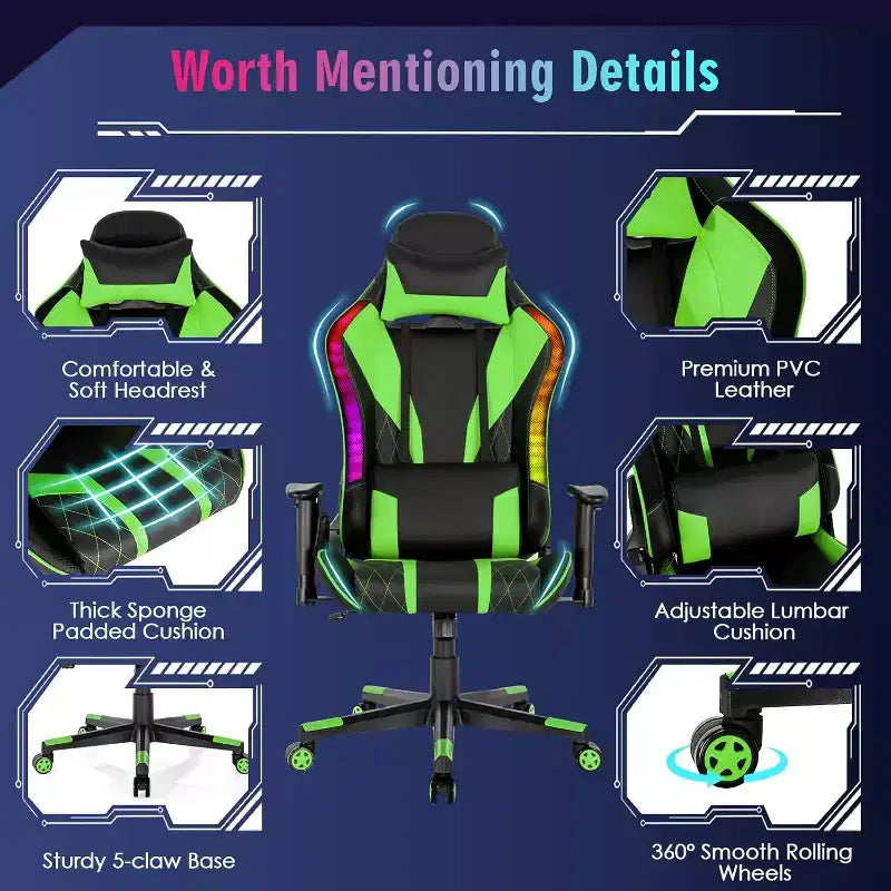 Silla gaming Costway ajustable giratoria de ordenador con luces LED dinámicas
