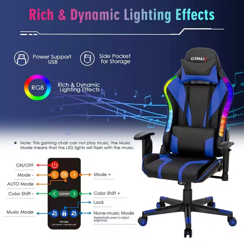 Silla gaming Costway ajustable giratoria de ordenador con luces LED dinámicas