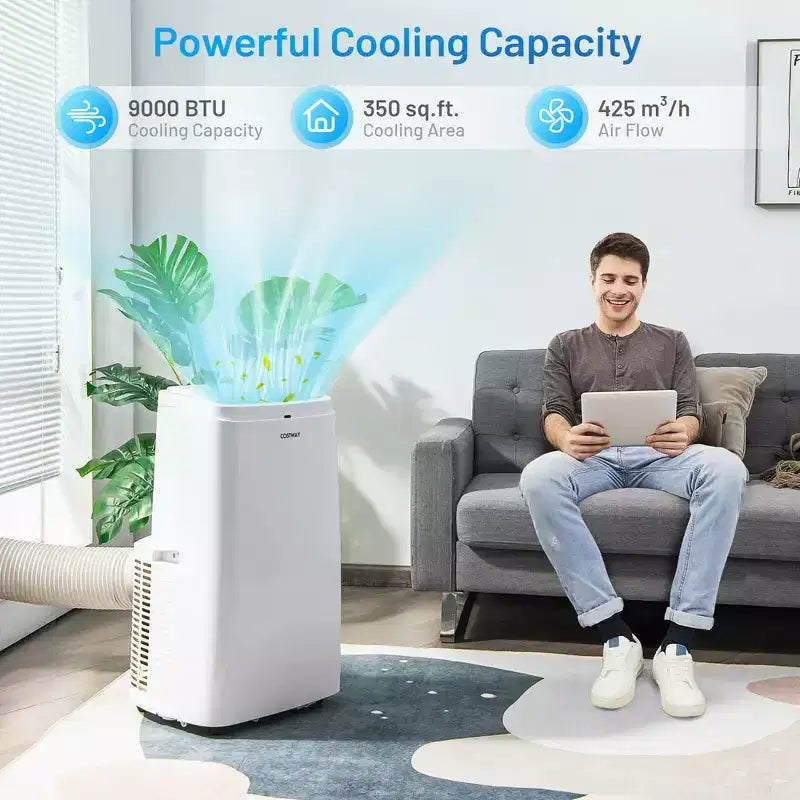 Costway 6350 BTU (9000BTU ASHRAE) Aire Acondicionado Portátil 3 en 1 Ventilador Enfriador Deshumidificador con Control Remoto