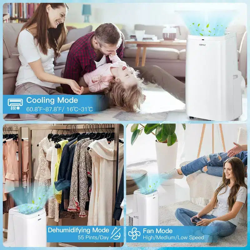Costway 6350 BTU (9000BTU ASHRAE) Aire Acondicionado Portátil 3 en 1 Ventilador Enfriador Deshumidificador con Control Remoto