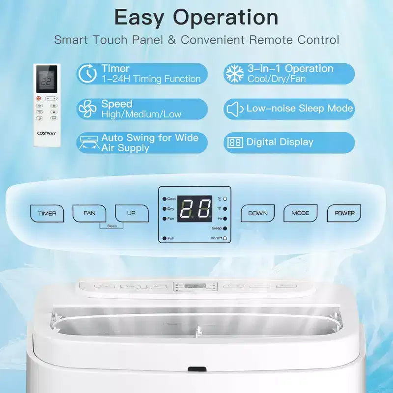 Costway 6350 BTU (9000BTU ASHRAE) Aire Acondicionado Portátil 3 en 1 Ventilador Enfriador Deshumidificador con Control Remoto