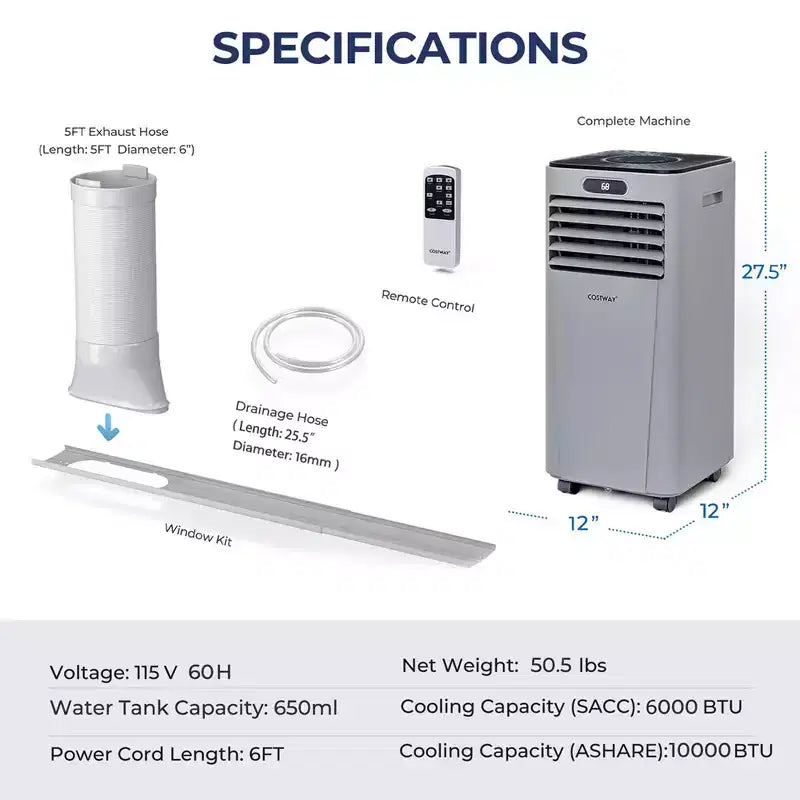 Costway Aire acondicionado portátil de 6000 BTU (10000 BTU ASHRAE) con control remoto, Enfriador de aire 3 en 1 con secado