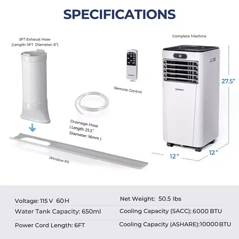 Costway Aire acondicionado portátil de 6000 BTU (10000 BTU ASHRAE) con control remoto, Enfriador de aire 3 en 1 con secado