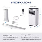 Costway Aire acondicionado portátil de 6000 BTU (10000 BTU ASHRAE) con control remoto, Enfriador de aire 3 en 1 con secado