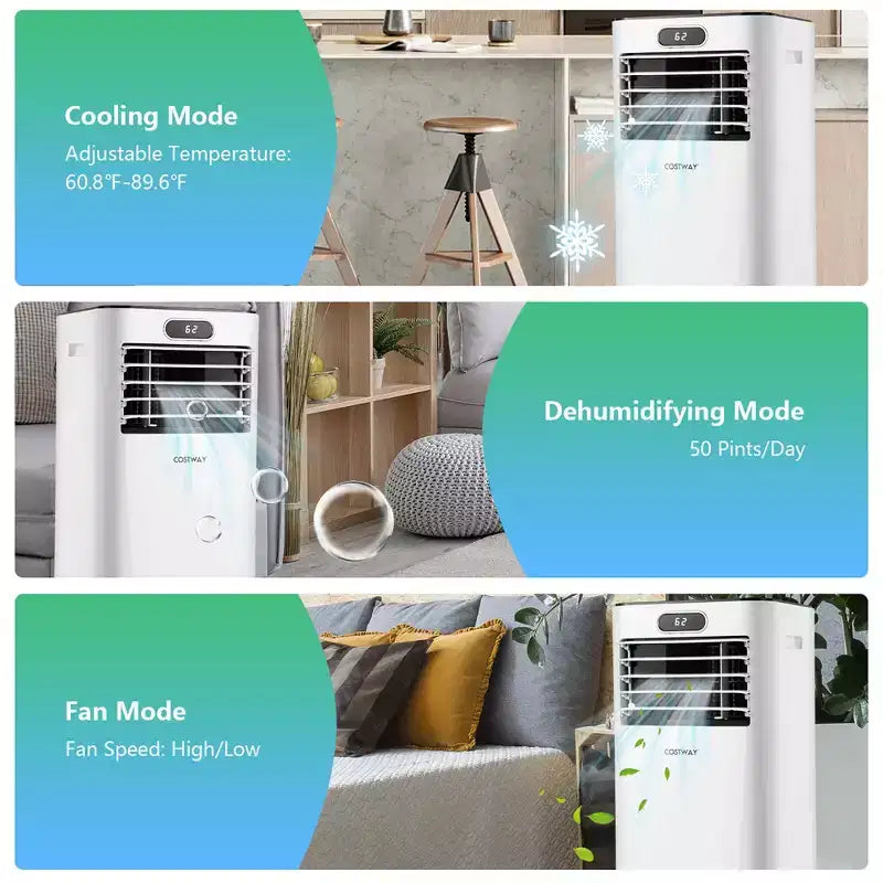 Costway Aire acondicionado portátil de 6000 BTU (10000 BTU ASHRAE) con control remoto, Enfriador de aire 3 en 1 con secado