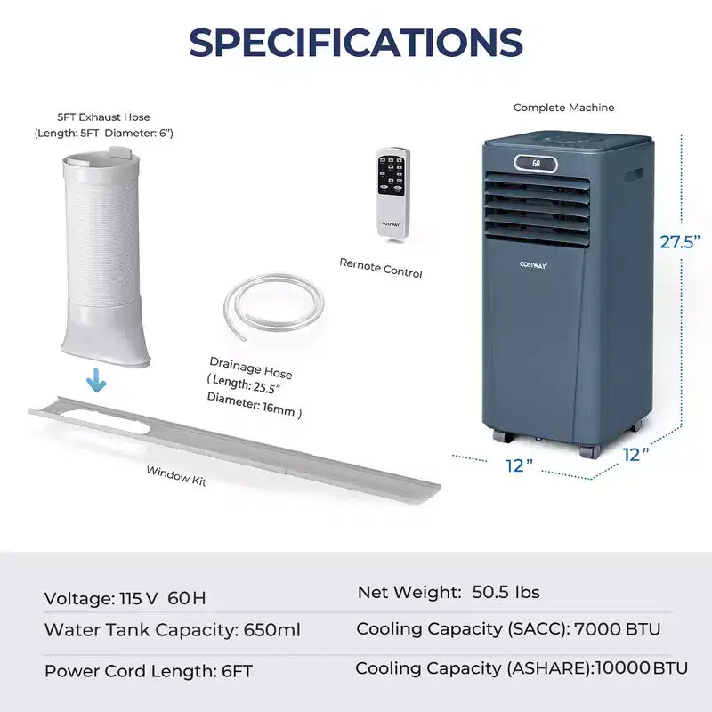 Costway Aire Acondicionado Portátil de 5000 BTU (8000 BTU ASHRAE) con Control Remoto, Enfriador de Aire 3 en 1 con Función de Deshumidificación