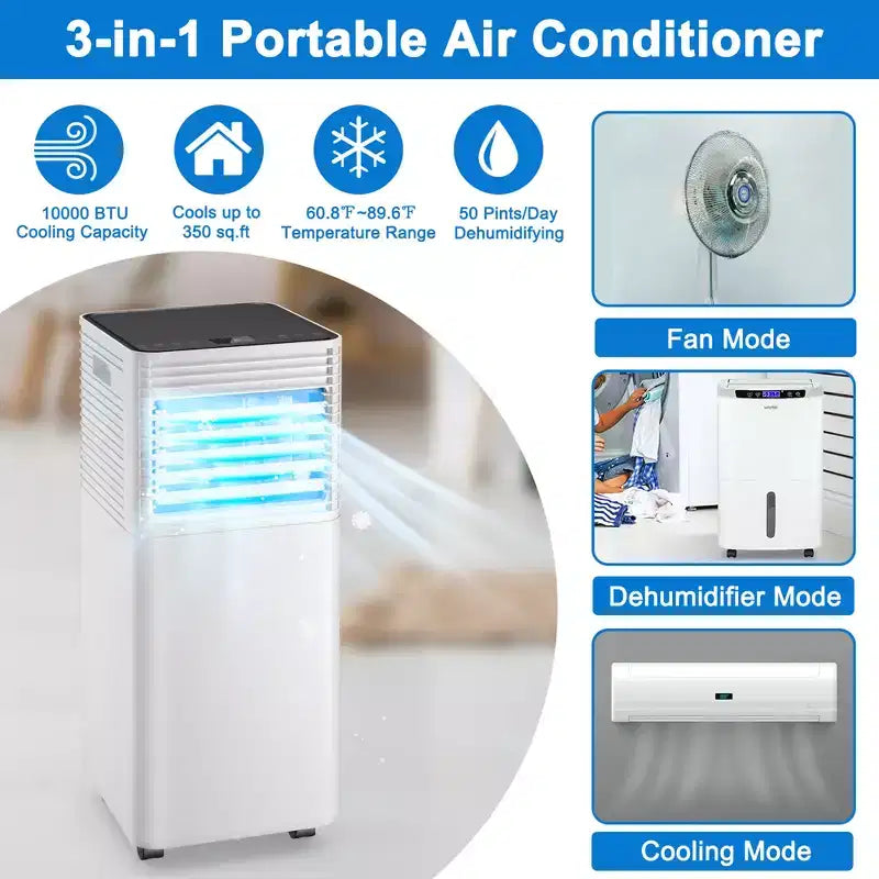 Acondicionador de aire portátil Costway 10000 BTU ASHRAE Enfriador de aire 3 en 1 con deshumidificador y modo ventilador