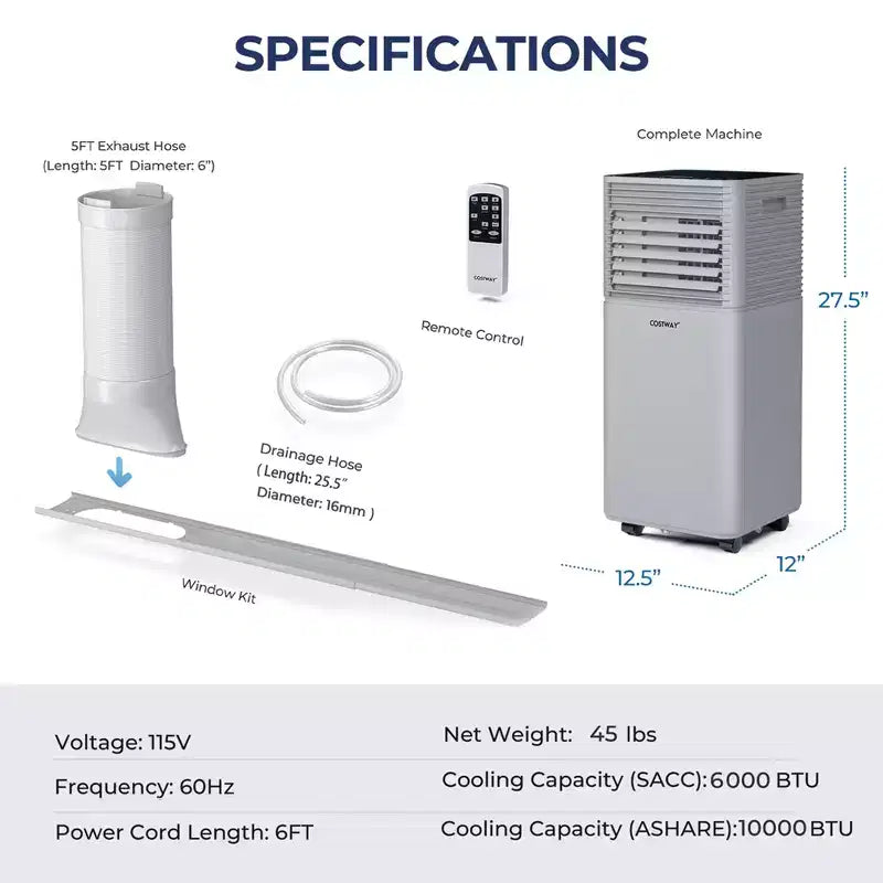 Acondicionador de aire portátil Costway 10000 BTU ASHRAE Enfriador de aire 3 en 1 con deshumidificador y modo ventilador