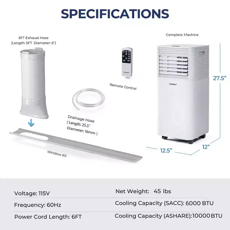 Acondicionador de aire portátil Costway 10000 BTU ASHRAE Enfriador de aire 3 en 1 con deshumidificador y modo ventilador