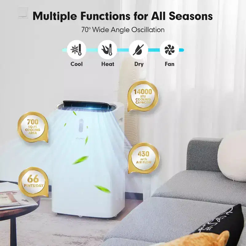 Acondicionador de aire portátil Costway 8800 BTU (14000 BTU ASHRAE) Enfriador de aire 4 en 1 con control inteligente por aplicación y Wi-Fi