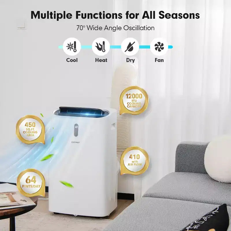 Acondicionador de aire portátil Costway de 8800 BTU (12000 BTU ASHRAE) 4 en 1 con aplicación y control inteligente WiFi