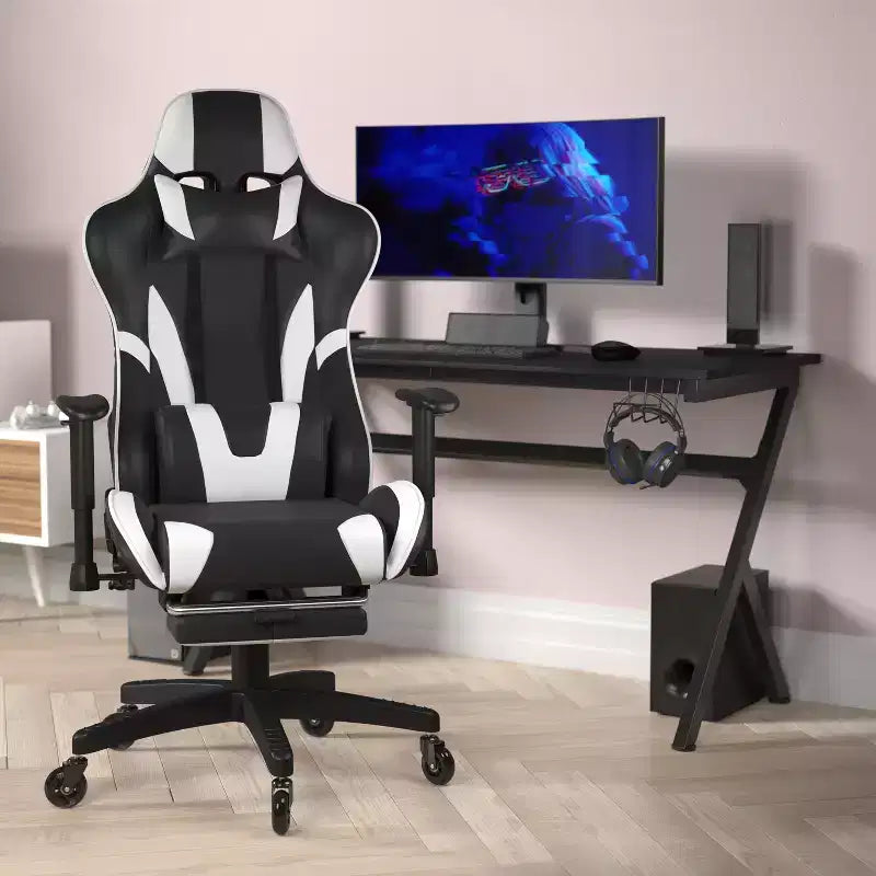 Flash Furniture X30 Silla Gamer Silla Ergonómica de Oficina con Respaldo Reclinable, Reposapiés Deslizable y Ruedas Transparentes