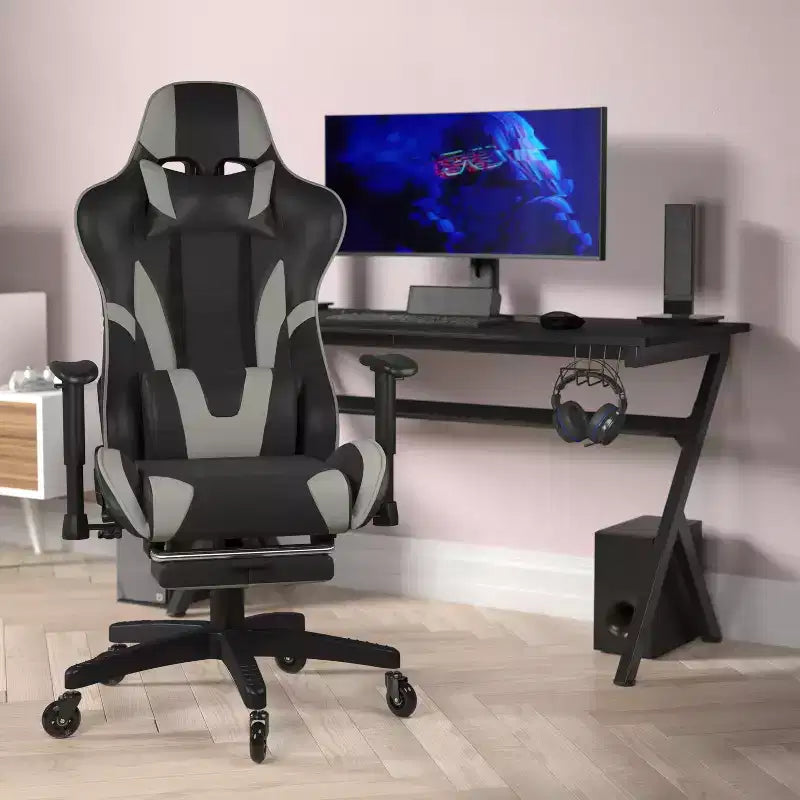 Flash Furniture X30 Silla Gamer Silla Ergonómica de Oficina con Respaldo Reclinable, Reposapiés Deslizable y Ruedas Transparentes