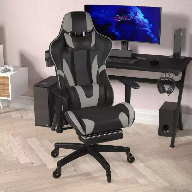 Flash Furniture X30 Silla Gamer Silla Ergonómica de Oficina con Respaldo Reclinable, Reposapiés Deslizable y Ruedas Transparentes