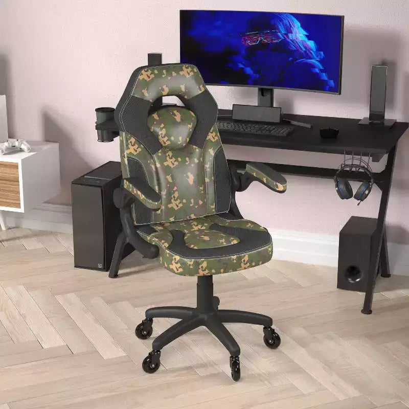 Silla de oficina para videojuegos Flash Furniture X10 estilo de carreras, para PC, ajustable, con brazos plegables y ruedas transparentes