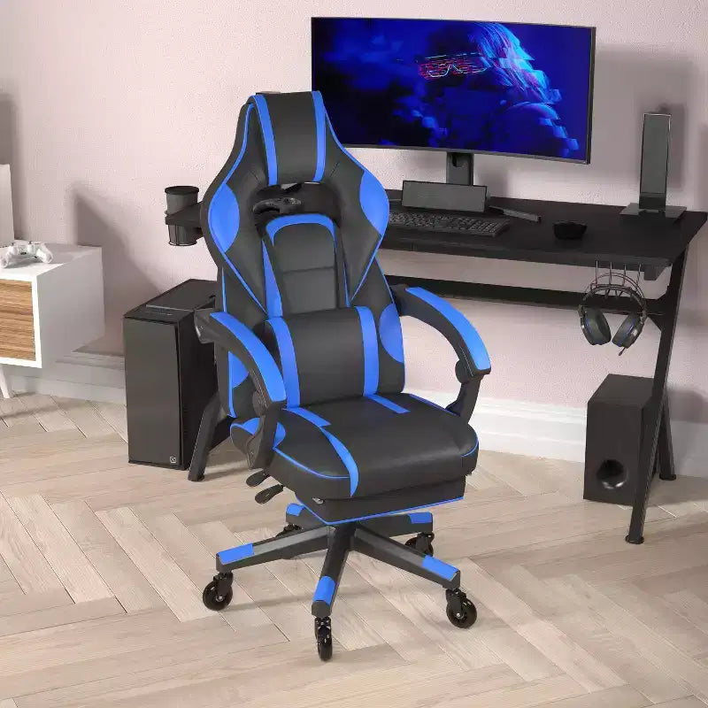 Silla de juego Flash Furniture X40 Silla de ordenador de carreras con respaldo/reposabrazos totalmente reclinables y ruedas transparentes, reposapiés deslizable
