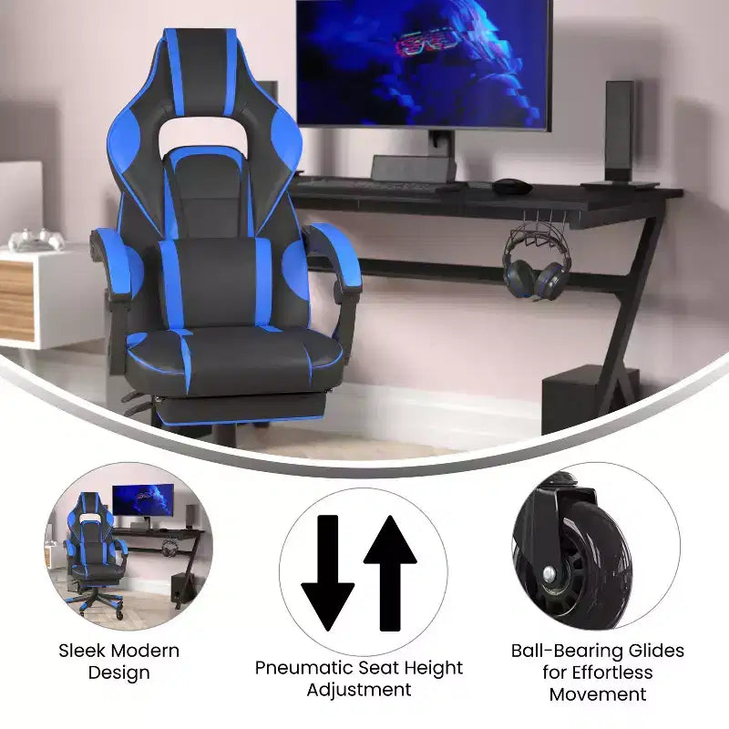 Silla de juego Flash Furniture X40 Silla de ordenador de carreras con respaldo/reposabrazos totalmente reclinables y ruedas transparentes, reposapiés deslizable