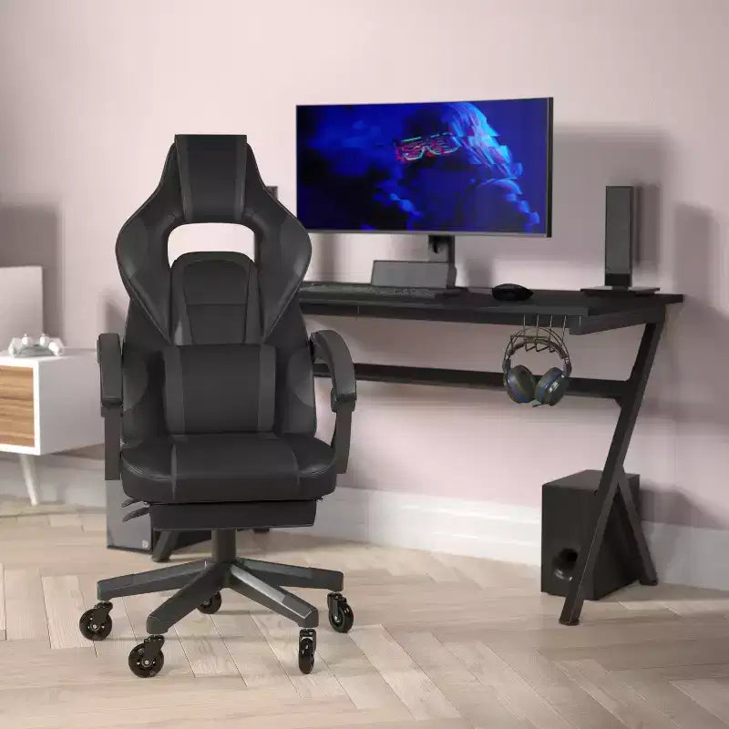 Silla de juego Flash Furniture X40 Silla de ordenador de carreras con respaldo/reposabrazos totalmente reclinables y ruedas transparentes, reposapiés deslizable