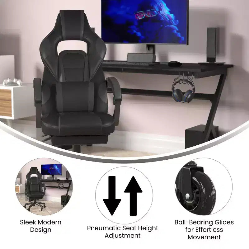 Silla de juego Flash Furniture X40 Silla de ordenador de carreras con respaldo/reposabrazos totalmente reclinables y ruedas transparentes, reposapiés deslizable