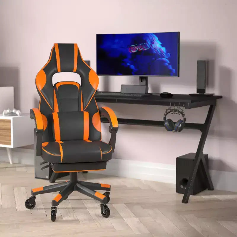 Silla de juego Flash Furniture X40 Silla de ordenador de carreras con respaldo/reposabrazos totalmente reclinables y ruedas transparentes, reposapiés deslizable