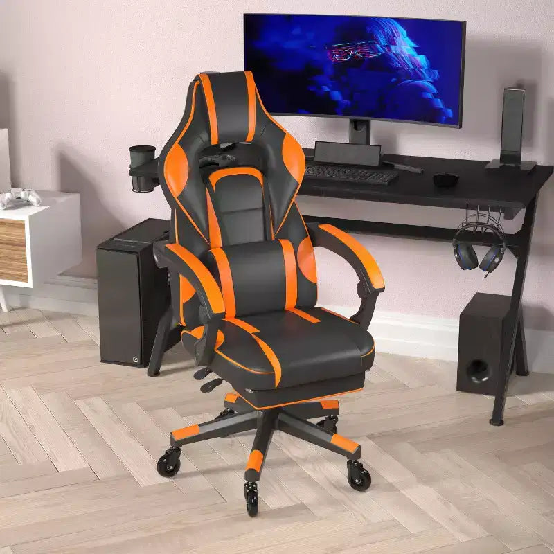 Silla de juego Flash Furniture X40 Silla de ordenador de carreras con respaldo/reposabrazos totalmente reclinables y ruedas transparentes, reposapiés deslizable