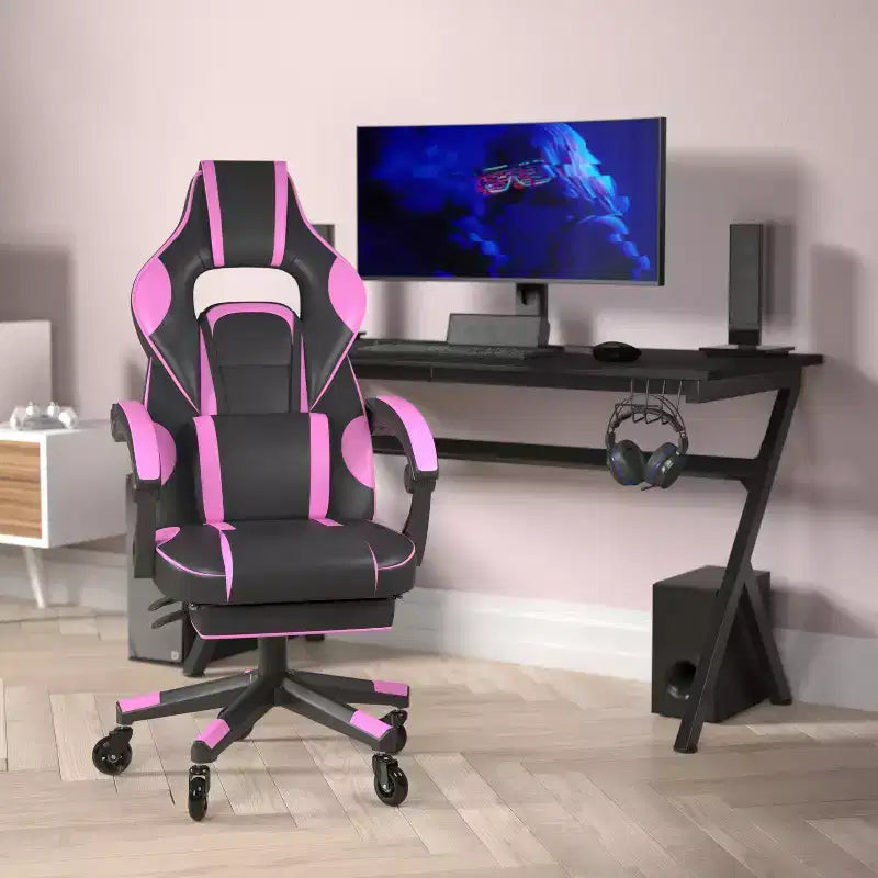 Silla de juego Flash Furniture X40 Silla de ordenador de carreras con respaldo/reposabrazos totalmente reclinables y ruedas transparentes, reposapiés deslizable
