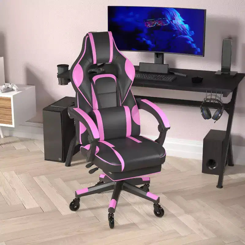 Silla de juego Flash Furniture X40 Silla de ordenador de carreras con respaldo/reposabrazos totalmente reclinables y ruedas transparentes, reposapiés deslizable