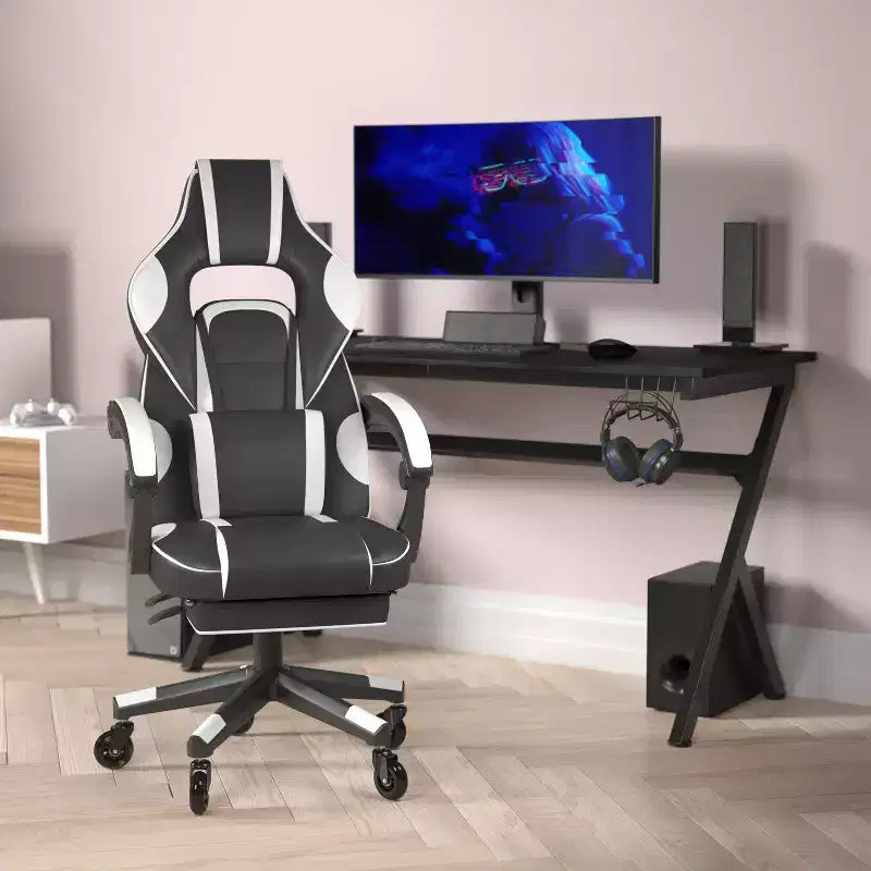 Silla de juego Flash Furniture X40 Silla de ordenador de carreras con respaldo/reposabrazos totalmente reclinables y ruedas transparentes, reposapiés deslizable