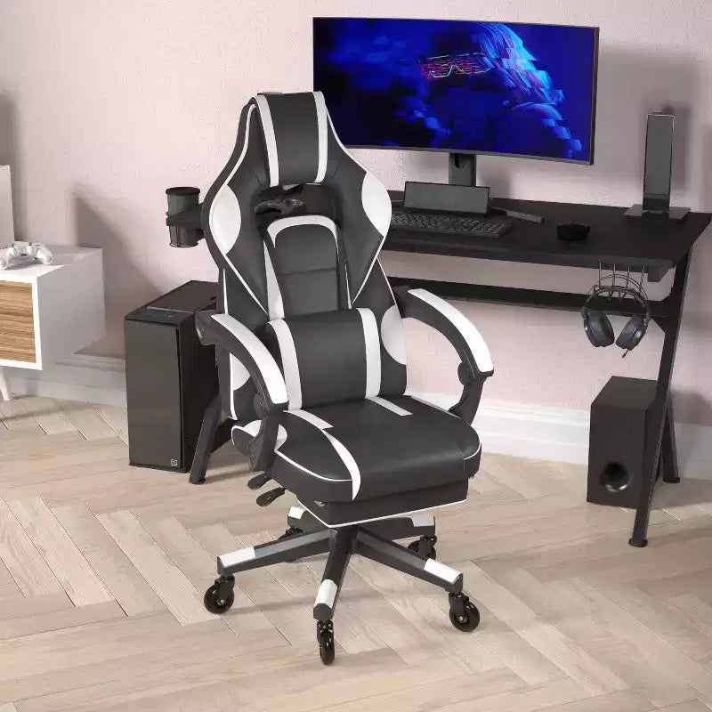 Silla de juego Flash Furniture X40 Silla de ordenador de carreras con respaldo/reposabrazos totalmente reclinables y ruedas transparentes, reposapiés deslizable