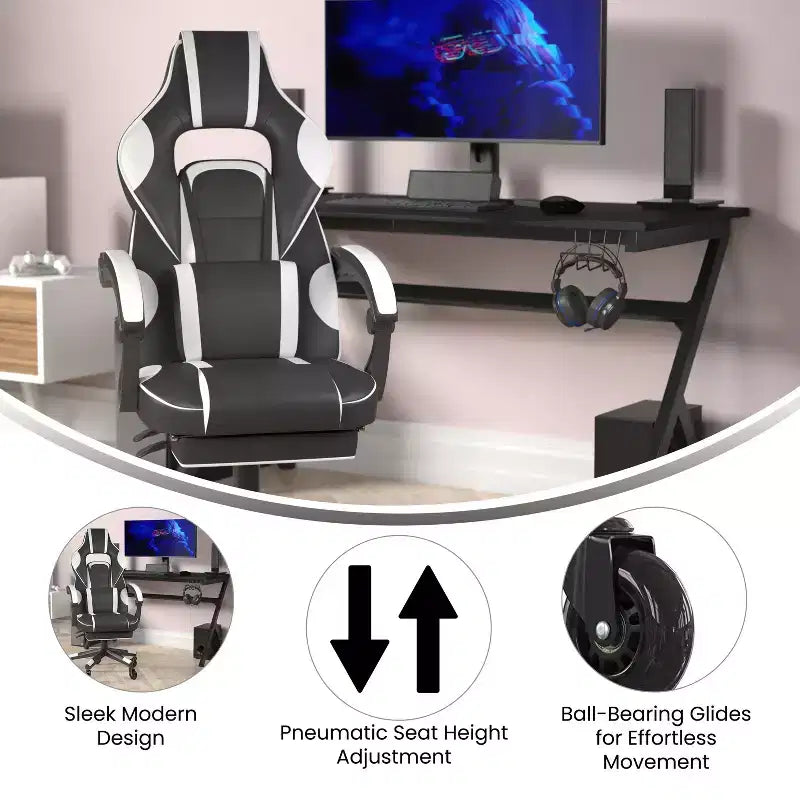 Silla de juego Flash Furniture X40 Silla de ordenador de carreras con respaldo/reposabrazos totalmente reclinables y ruedas transparentes, reposapiés deslizable
