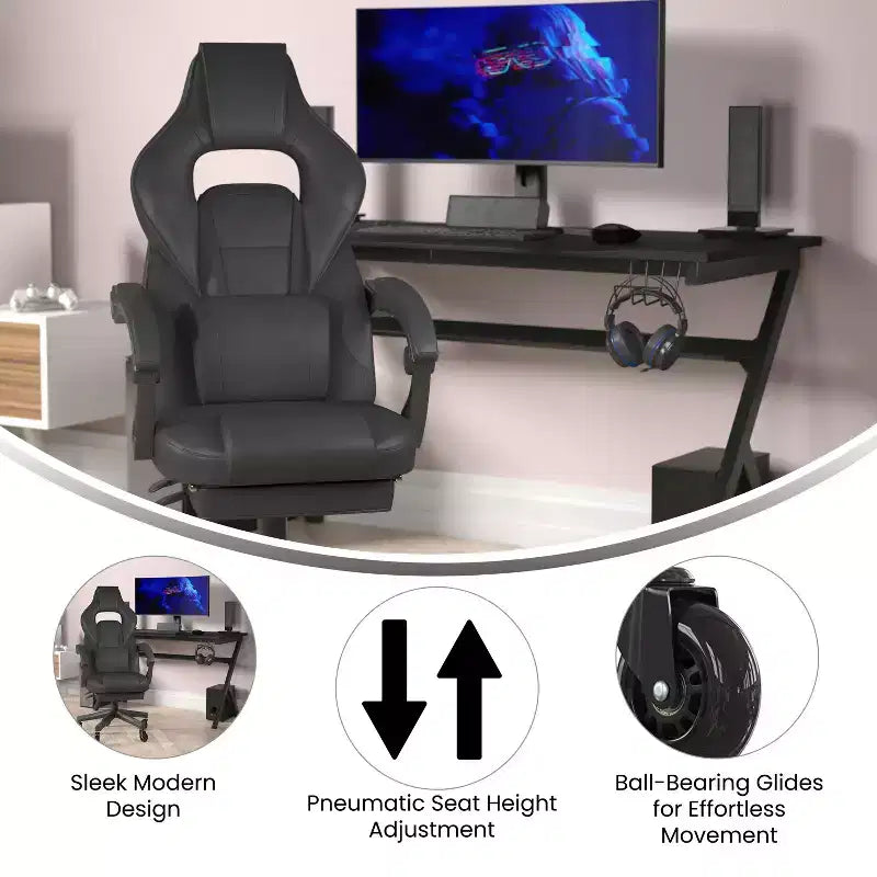 Silla de juego Flash Furniture X40 Silla de ordenador de carreras con respaldo/reposabrazos totalmente reclinables y ruedas transparentes, reposapiés deslizable