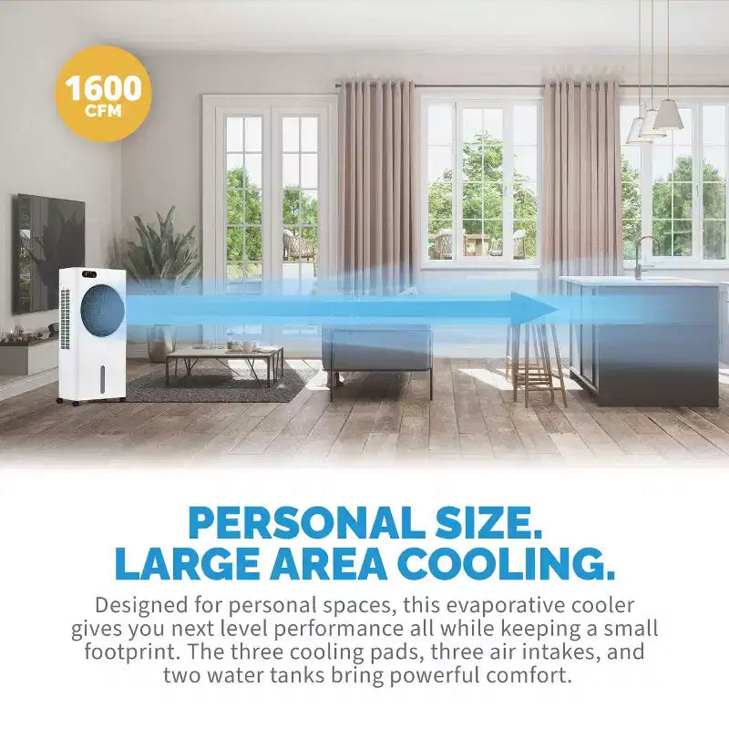 Enfriador de aire por evaporación Newair y ventilador de enfriamiento portátil, enfriador de pantano de CA de 1600 CFM, cámara de hielo de carga superior, tanque de agua extraíble de 3.16 galones