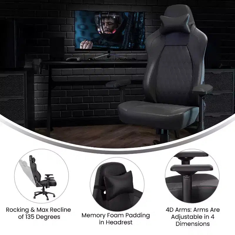 Flash Furniture Falco Silla ergonómica alta ajustable para videojuegos con reposabrazos 4D, almohada reposacabezas y soporte lumbar ajustable