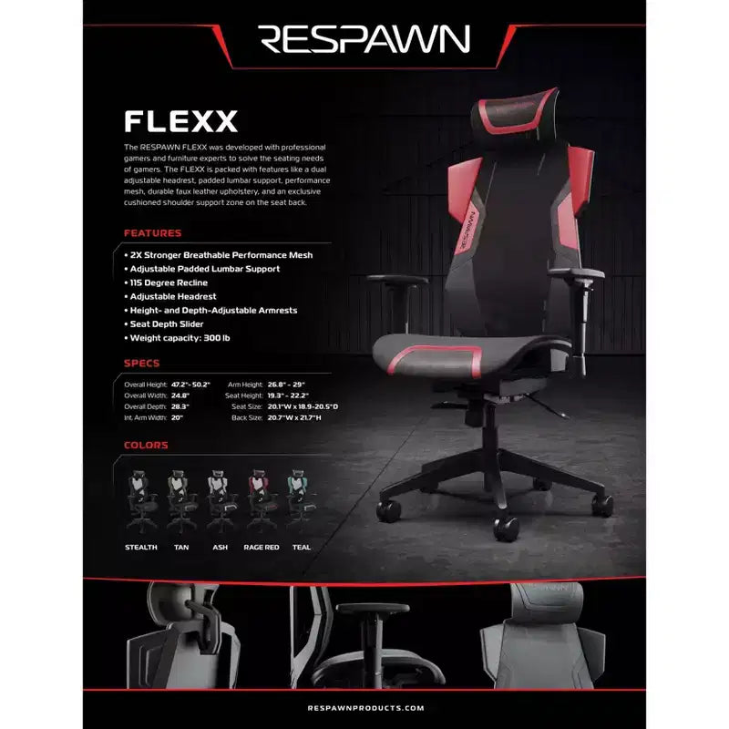 Silla de juego RESPAWN Flexx Mesh con soporte lumbar y reposacabezas ajustable