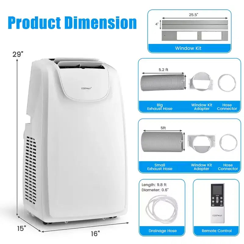 Costway Aire Acondicionado Portátil de Doble Manguera 8000 BTU (11,500 BTU ASHRAE) Unidad de CA 3 en 1 con Control Remoto
