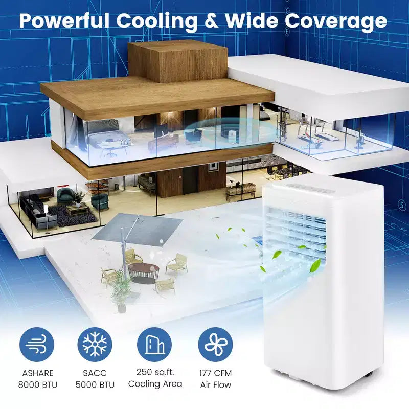 Costway Aire Acondicionado Portátil 3 en 1 de 5000 BTU (8000 BTU ASHRAE) con Frío, Deshumidificador, Ventilador y Modo Nocturno