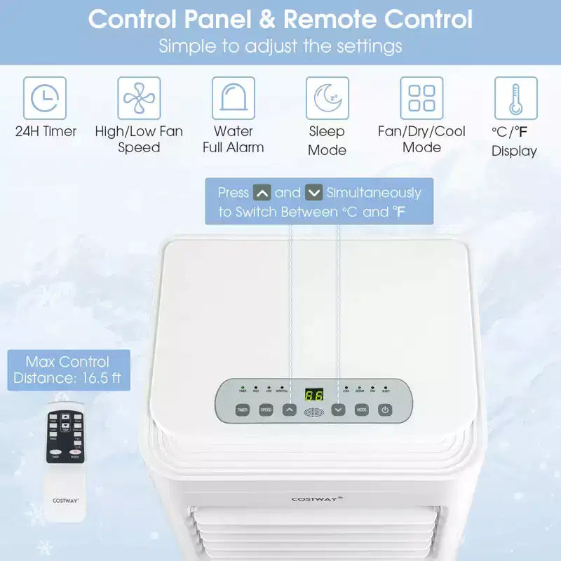 Costway 6000 BTU (10000 BTU ASHRAE) Aire Acondicionado Portátil 3 en 1 con Refrigeración, Deshumidificador, Ventilador y Modo Nocturno