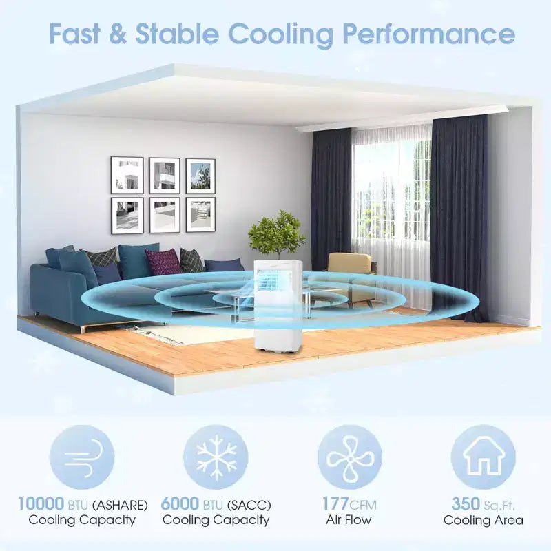 Costway 6000 BTU (10000 BTU ASHRAE) Aire Acondicionado Portátil 3 en 1 con Refrigeración, Deshumidificador, Ventilador y Modo Nocturno