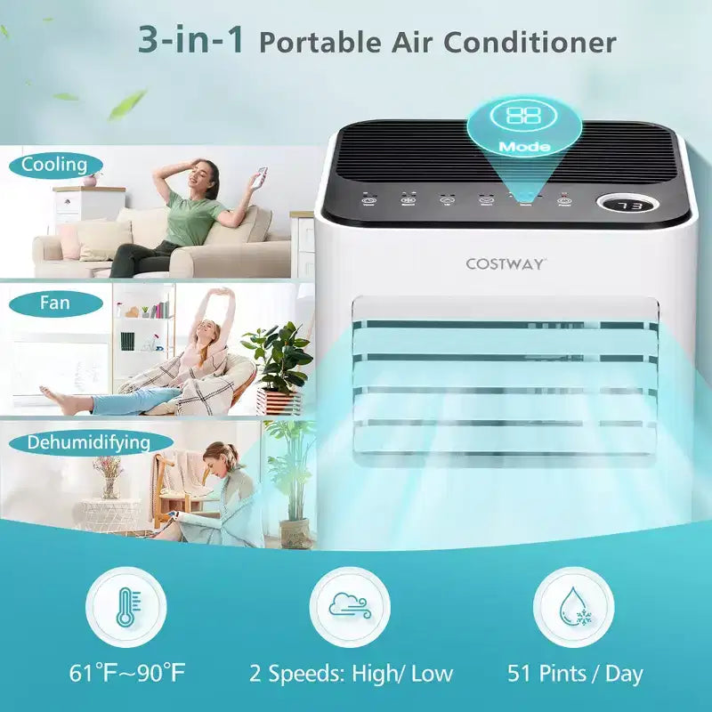 Costway Aire Acondicionado Portátil de 10000 BTU 3 en 1 Enfriador de Aire con Ventilador Deshumidificador Modo Sueño